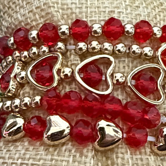 Red and Gold Beaded Charm Bracelet Set Stack - Picture 3 of 5